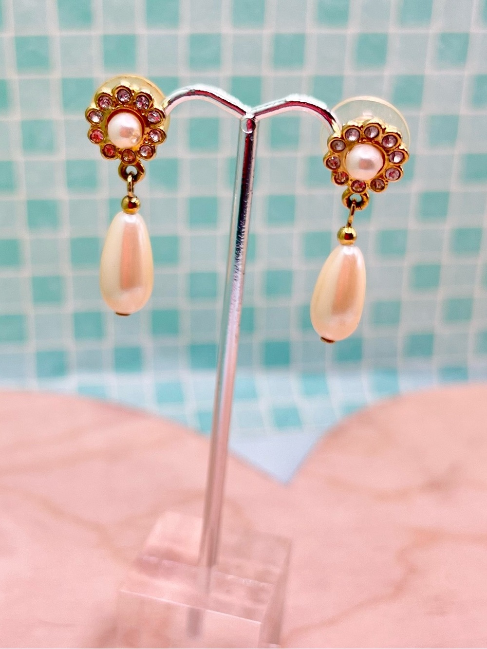 Vintage Faux Pearl & Rhinestone Drop Earrings Gold Tone Bridal Coquette Glam
